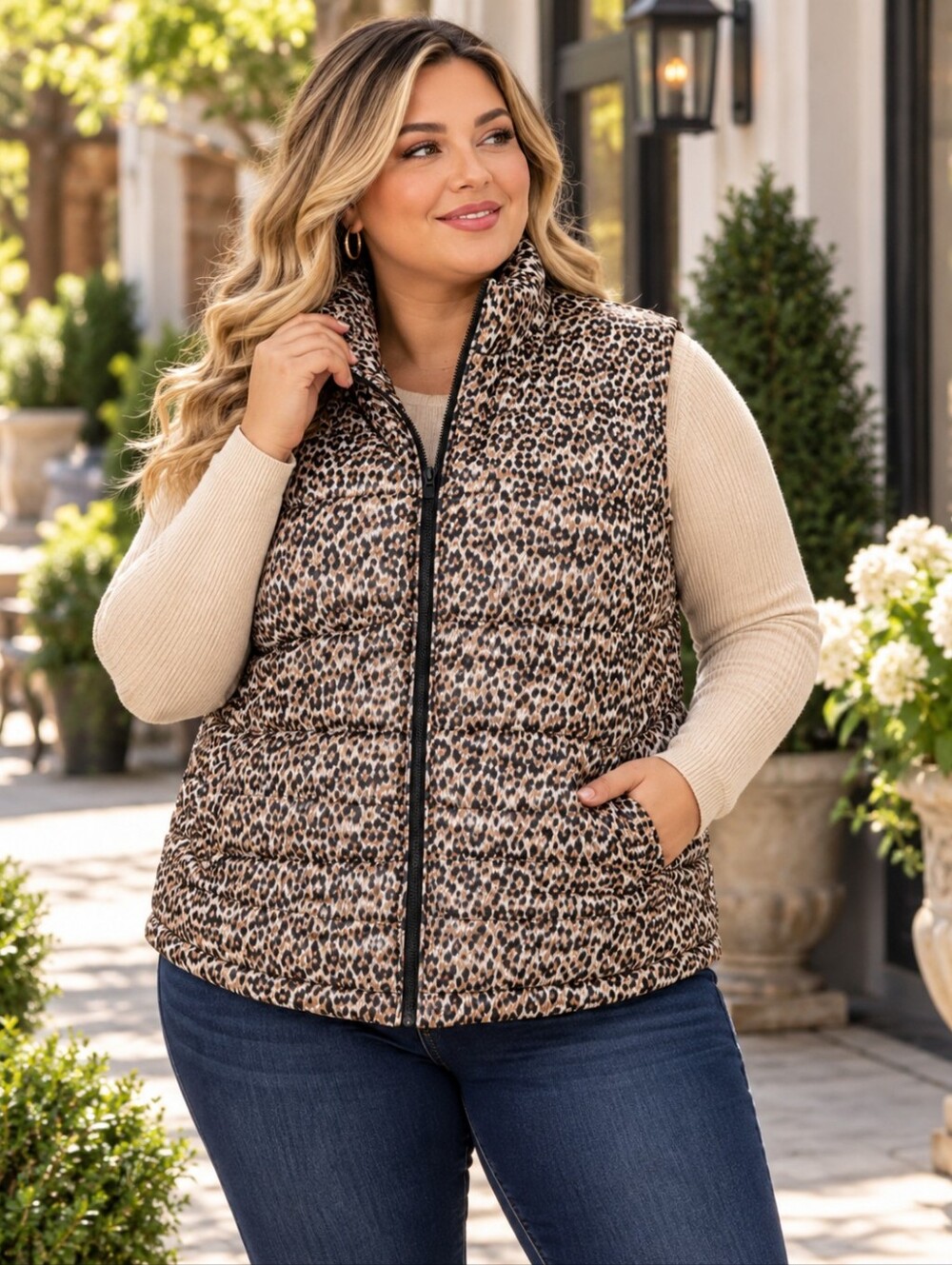 Westbound Leopard Print Quilted Puffer Vest Plus Size